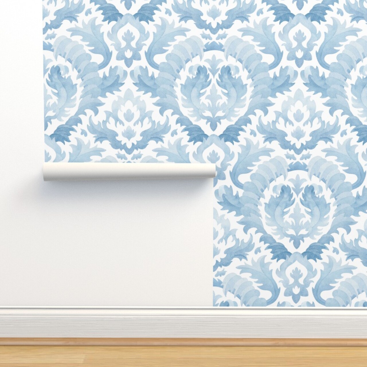 Watercolor Damask Botanical Floral Light Blue Monochrome Classic Baroque Acanthus Leaf Custom Removable Wallpaper by Spoonflower Peel & Stick Wallpaper 2FT Wide